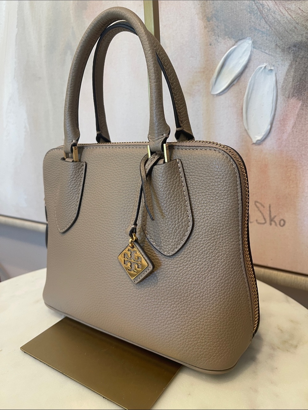 Tory Burch Mini Swing Pebbled Leather Satchel in Natural - Picture 2 of 9